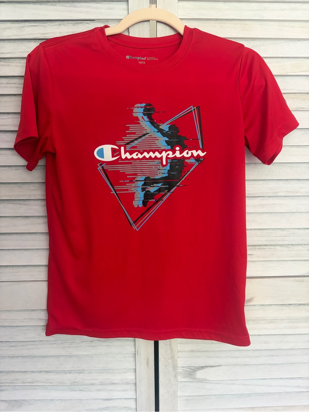 Champion Red Short Sleeve Graphic Tee with Blue Accents